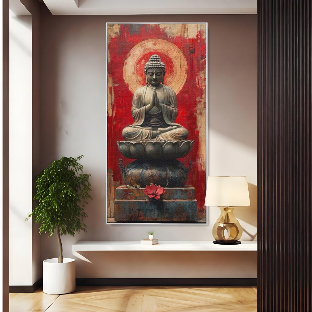 Tablou canvas cu tablou canvas cu statuie buddha pe floare de lotus, in rama de aluminiu argintiu